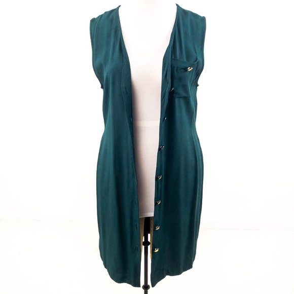 Vintage 80s 10 Button Down V-neck Dress Green - Picture 3 of 8